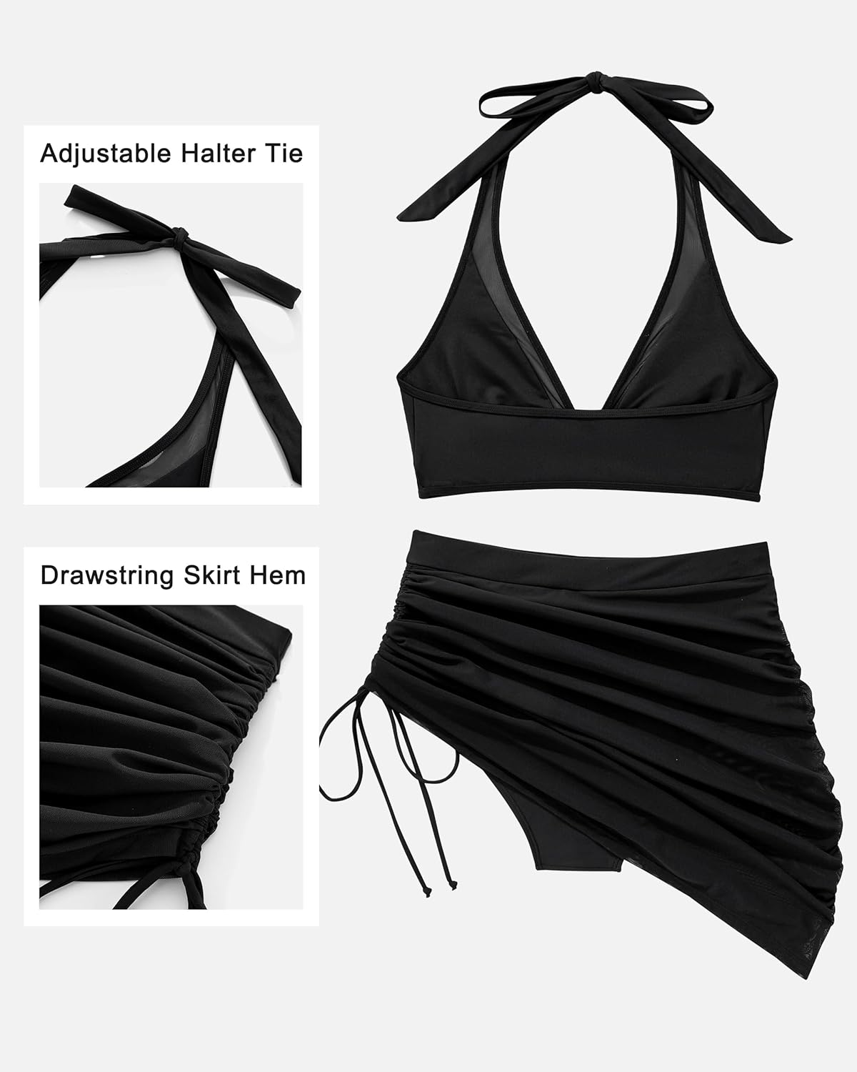 RXRXCOCO Mesh Sarong Wraps Bikini with Skirt Halter High Waisted Bikini Set Tummy Control 2 Piece Swimsuit for Women - Image 8