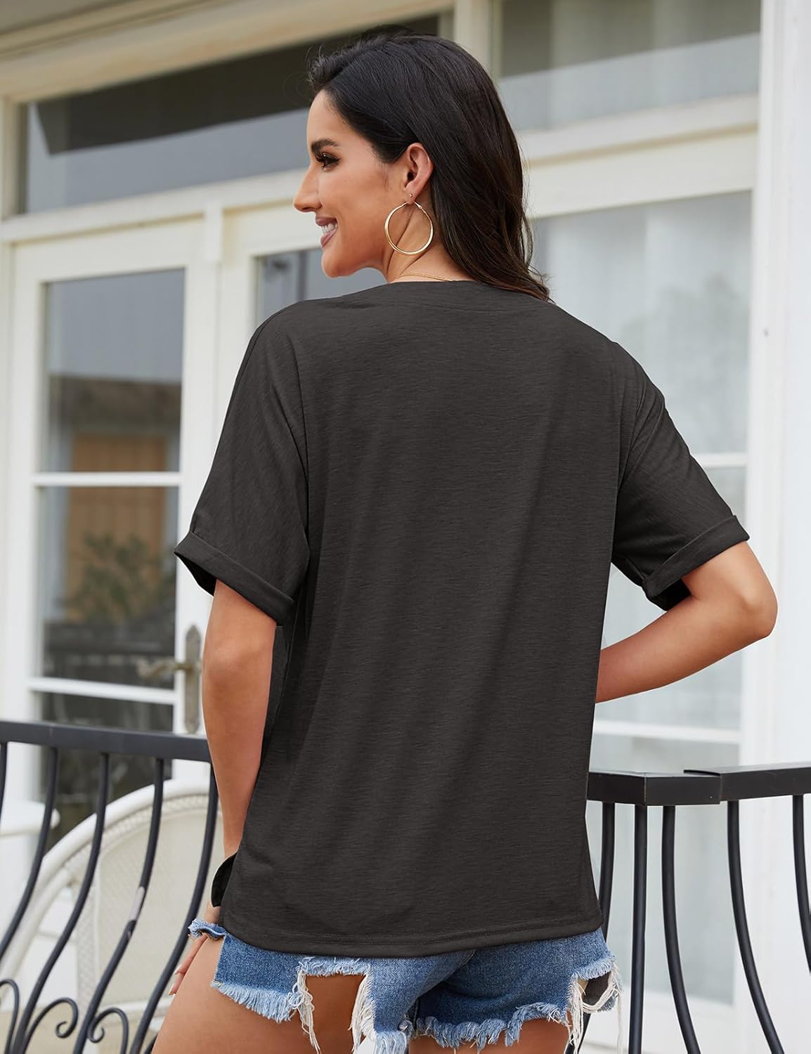 Women T-Shirts Short Sleeve V Neck Button Tops Ladies Summer Blouse Shirts Casual Loose Tee - Image 3