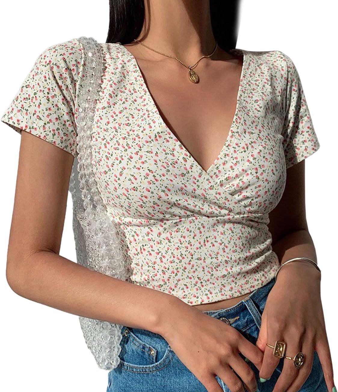 Women's Sexy Floral Tops, Y2K Slim Fit Deep V-Neck Cross Wrap Shirts, Sexy Low Cut Crop Top, Fashion Skinny Y2K Tee Shirt(Black/White,S/M/L) - Image 2