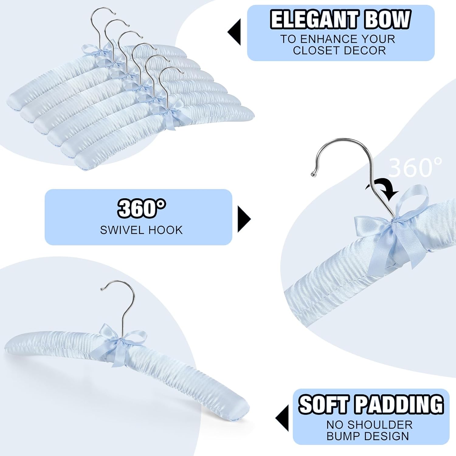 Jetec 12 Pieces Satin Padded Hangers with 360° Swiveling Hook Sponge Shoulder Pads Hanger for Coat, Sweaters, Blouse, Wedding Dress, Women Cloths (Light Blue) - Image 4
