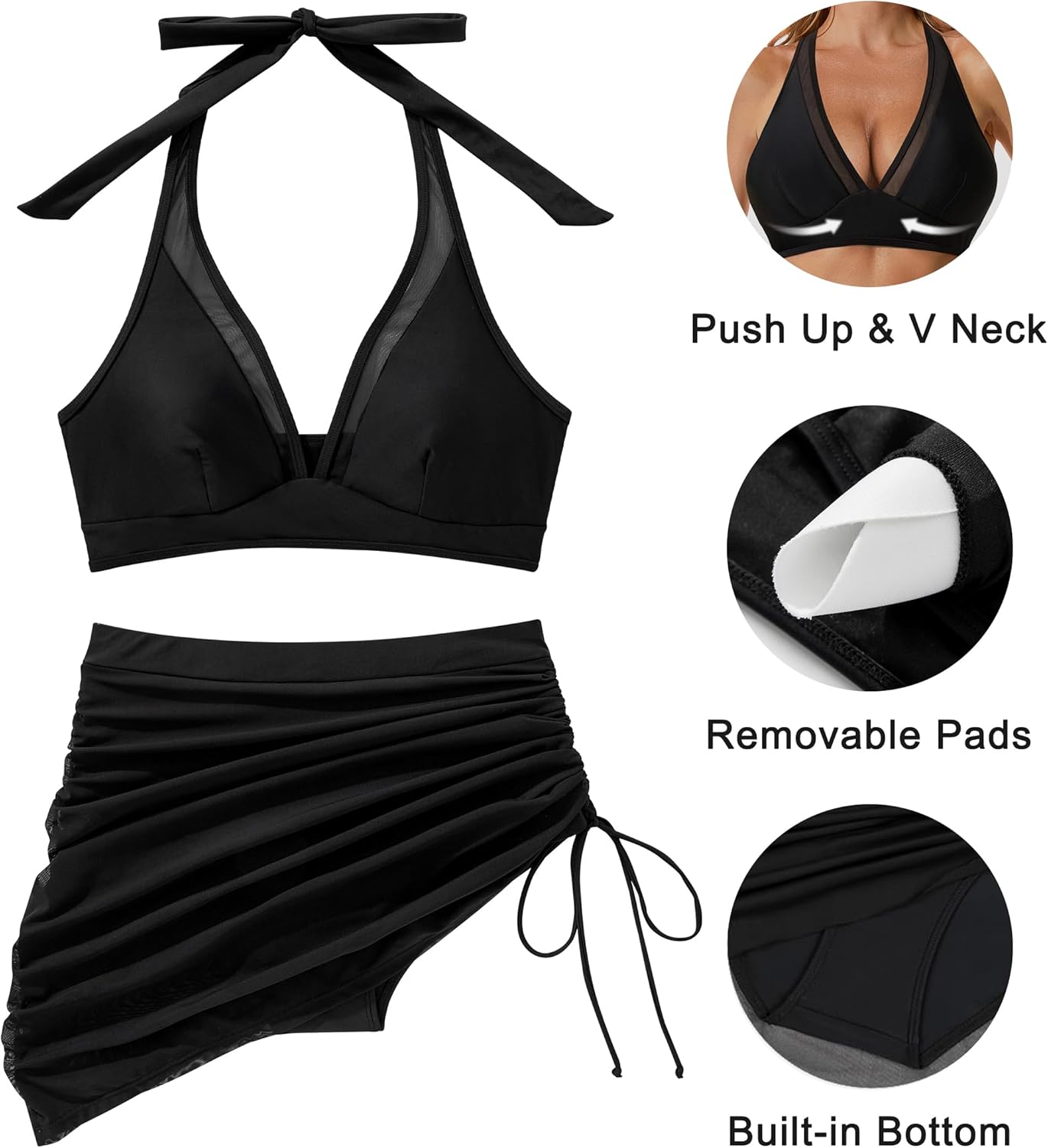 RXRXCOCO Mesh Sarong Wraps Bikini with Skirt Halter High Waisted Bikini Set Tummy Control 2 Piece Swimsuit for Women - Image 7