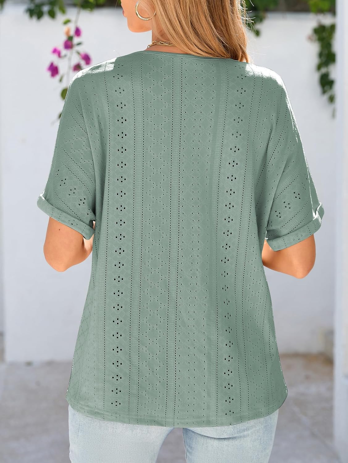 iChunhua Womens V Neck Loose T Shirts Eyelet Embroidery Rolled Sleeve Lightweight Summer Tops - Image 4