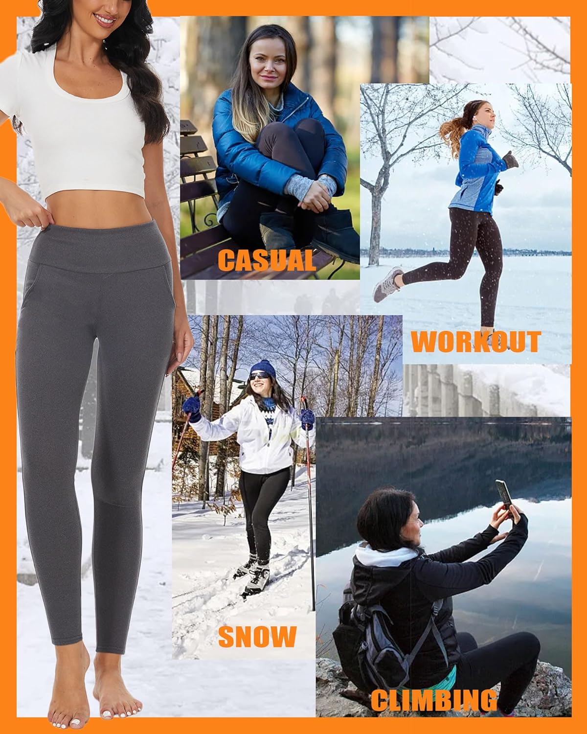 Women Thermal Leggings with Pockets Fleece Lined Warm High Waisted Leggings Thick Winter Tummy Control Yoga Running Gym Pants - Image 7