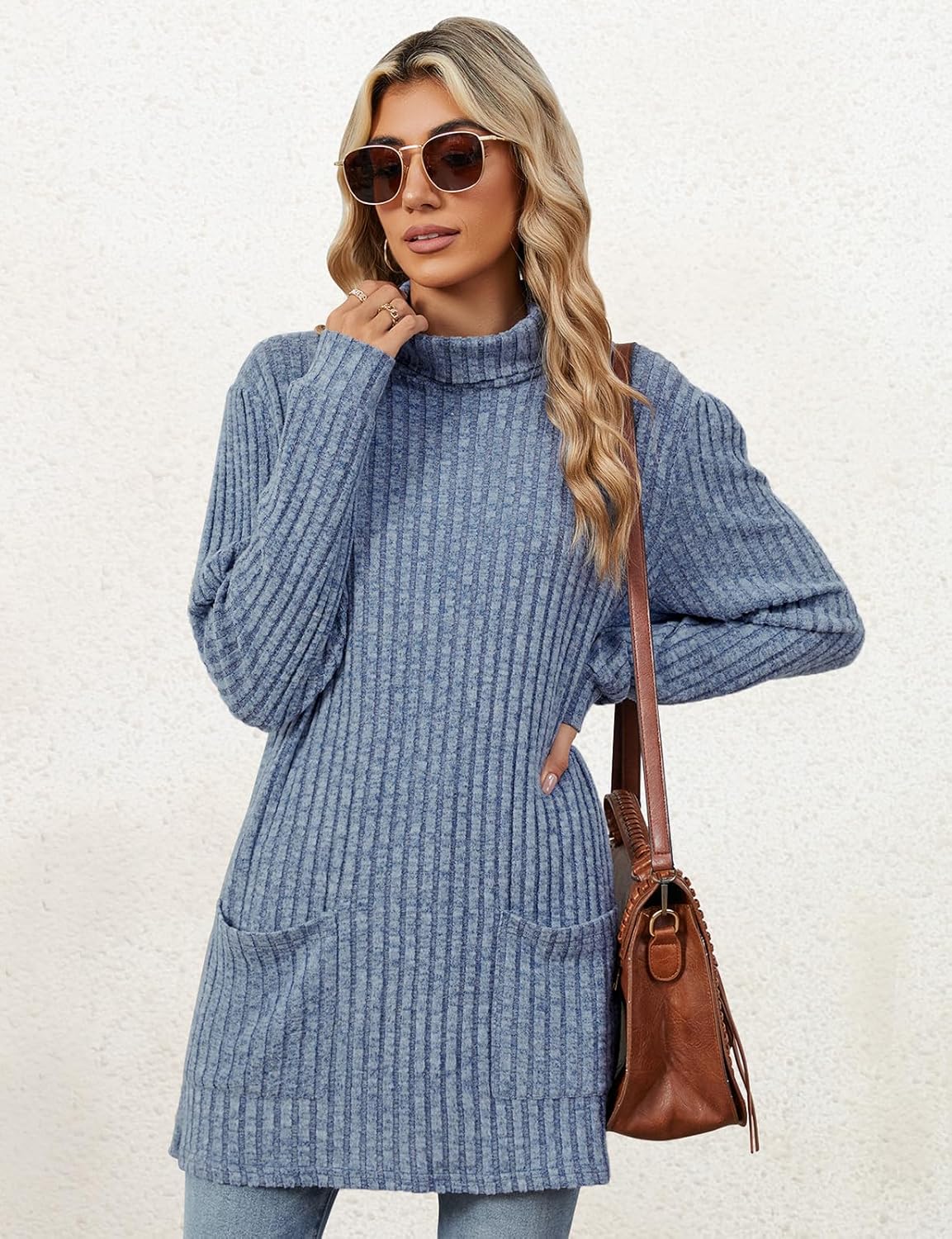 Flikity Womens Jumpers Turtleneck Sweater Ladies Long Sleeve Tops Knitted Jumpers with Large Pockets Women's Longline Tops Spring Fall Winter Tunic Clothes S-2XL - Image 4