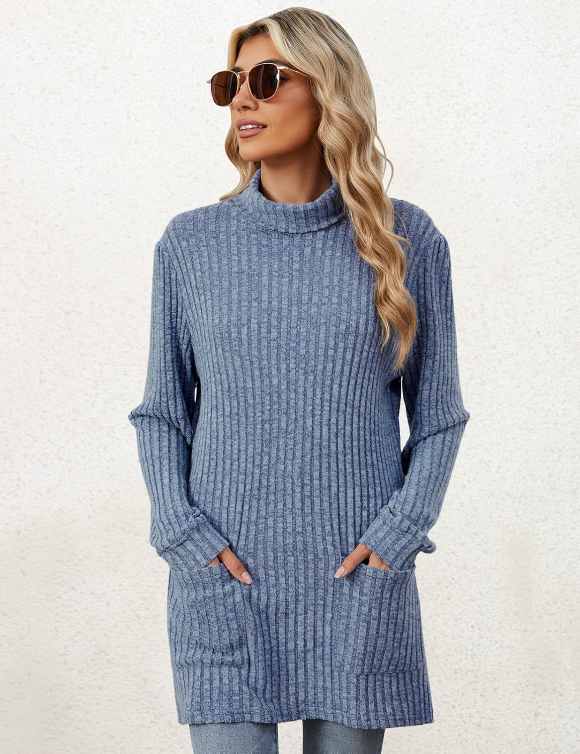 Flikity Womens Jumpers Turtleneck Sweater Ladies Long Sleeve Tops Knitted Jumpers with Large Pockets Women's Longline Tops Spring Fall Winter Tunic Clothes S-2XL - Image 5