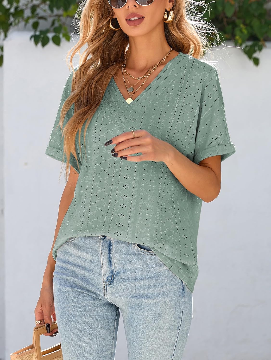 iChunhua Womens V Neck Loose T Shirts Eyelet Embroidery Rolled Sleeve Lightweight Summer Tops - Image 3