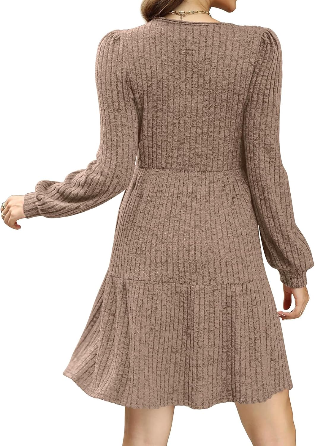 Akiooue Womens Long Sleeve Jumper Dress Casual Square Neck Knee Length Knit Sweater Dresses with Pockets - Image 5
