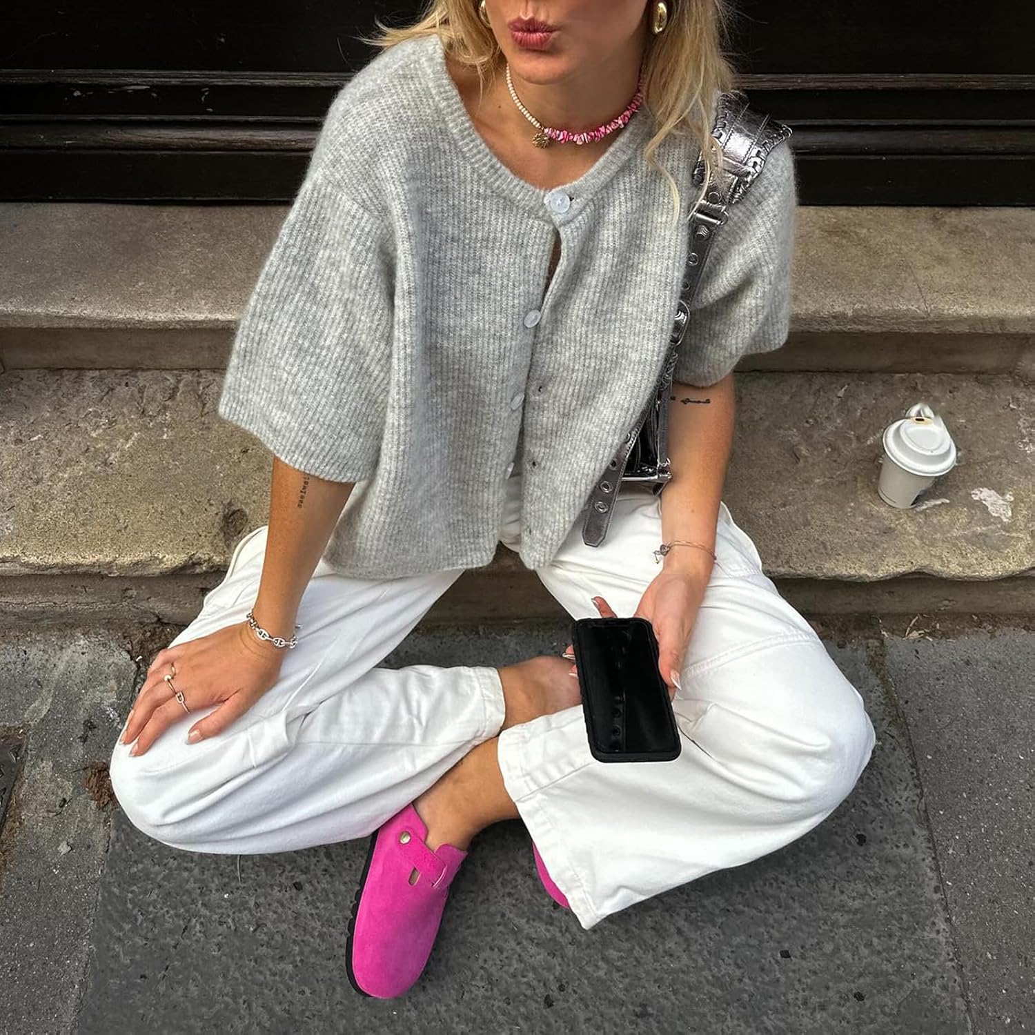 Women's Y2K Summer Button Down Sweater Cardigans Shirts Short Sleeve Knitted Blouse Top Going Out Cropped Knit Tops - Image 6