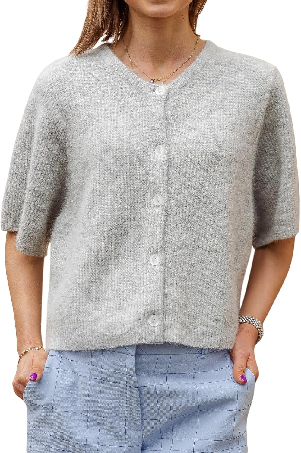 Women's Y2K Summer Button Down Sweater Cardigans Shirts Short Sleeve Knitted Blouse Top Going Out Cropped Knit Tops - Image 2