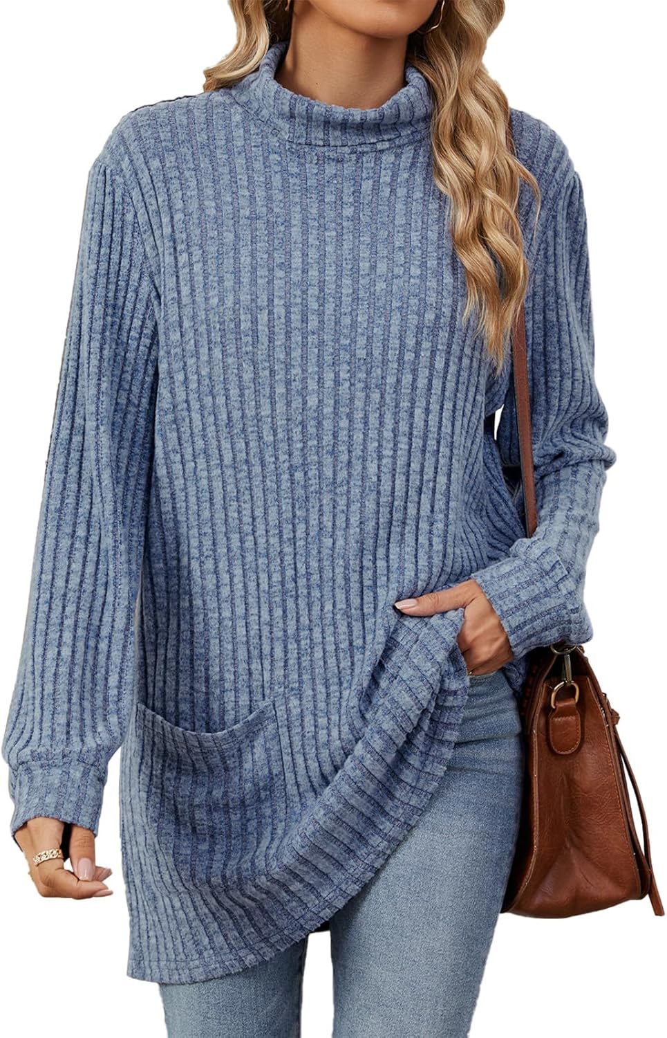 Flikity Womens Jumpers Turtleneck Sweater Ladies Long Sleeve Tops Knitted Jumpers with Large Pockets Women's Longline Tops Spring Fall Winter Tunic Clothes S-2XL - Image 2