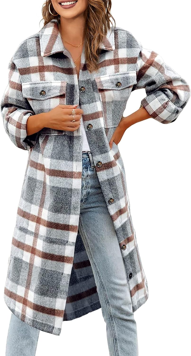 Jhsnjnr Women's Long Sleeve Flannel Checked Shirts Casual Button Down Long Plaid Jacket Shacket - Image 3