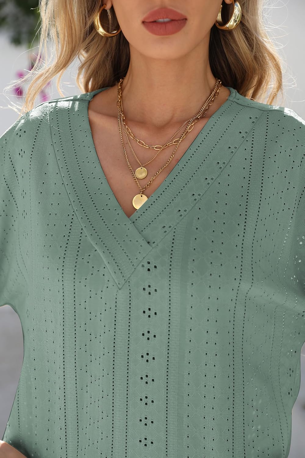 iChunhua Womens V Neck Loose T Shirts Eyelet Embroidery Rolled Sleeve Lightweight Summer Tops - Image 5