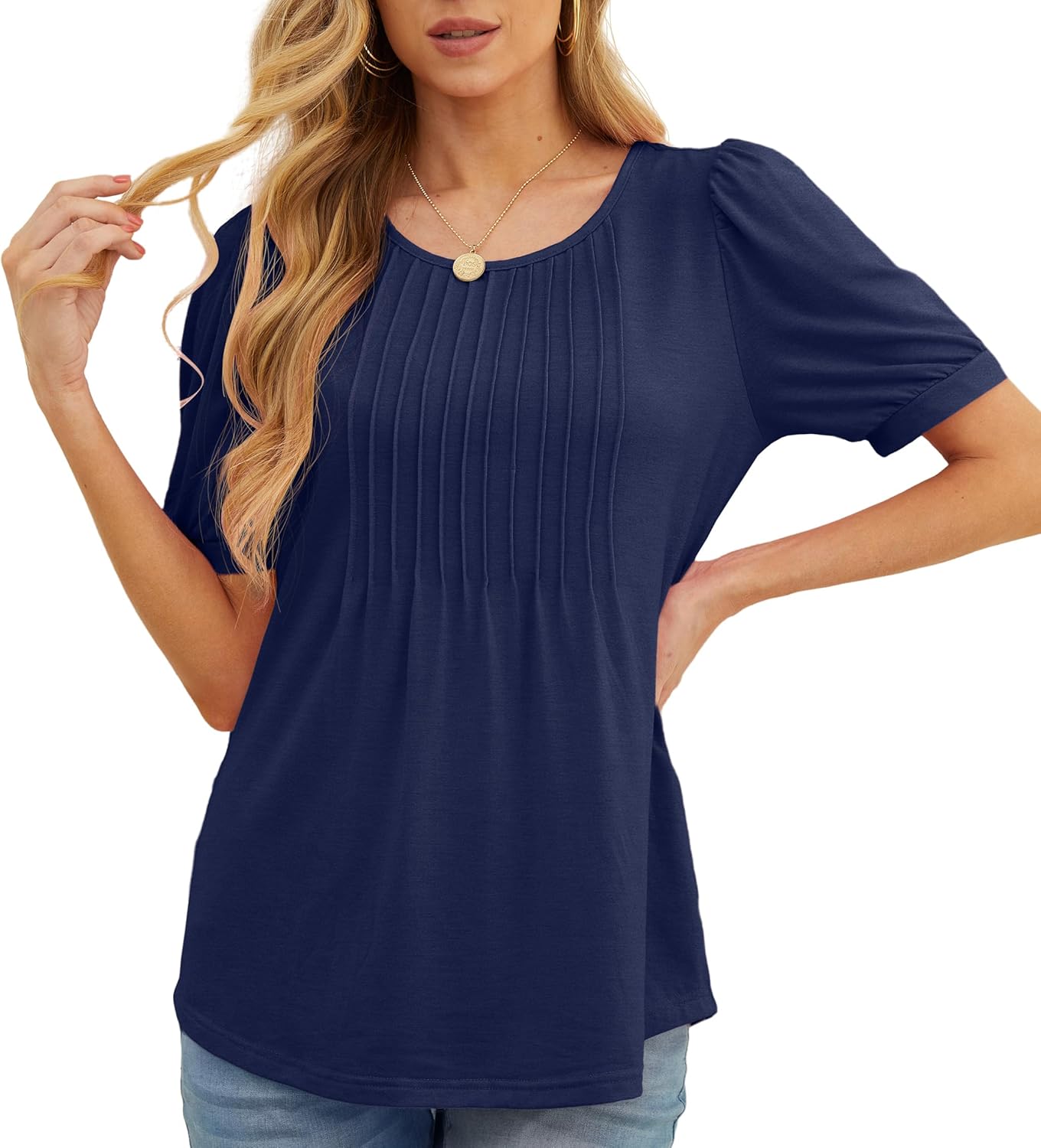 GRECERELLE Womens Summer Tops Casual Dressy Soft Short Sleeve Tunic Front Pleated Spring Crew Neck Tees T-Shirts Loose Blouse for Ladies - Image 5