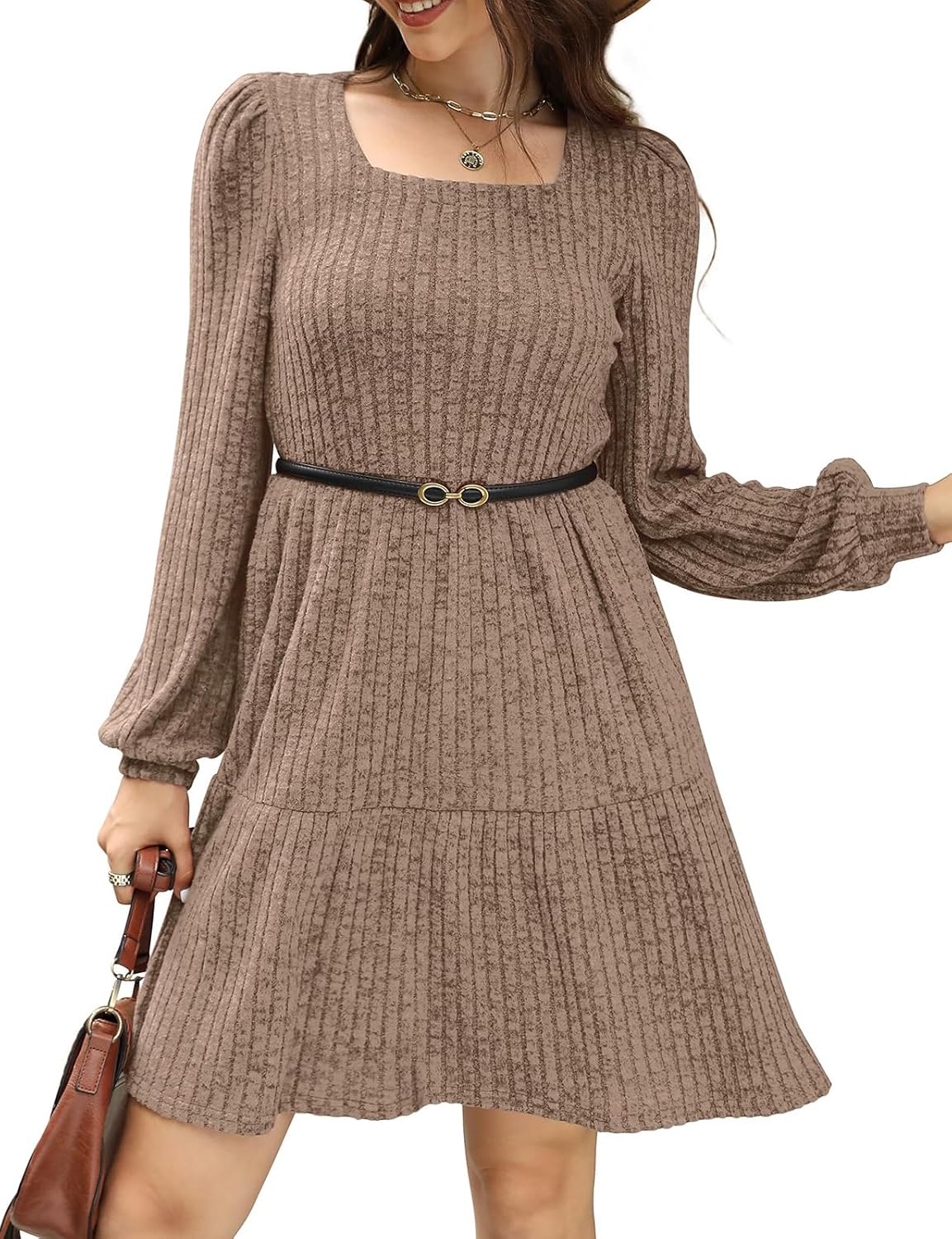 Akiooue Womens Long Sleeve Jumper Dress Casual Square Neck Knee Length Knit Sweater Dresses with Pockets - Image 4
