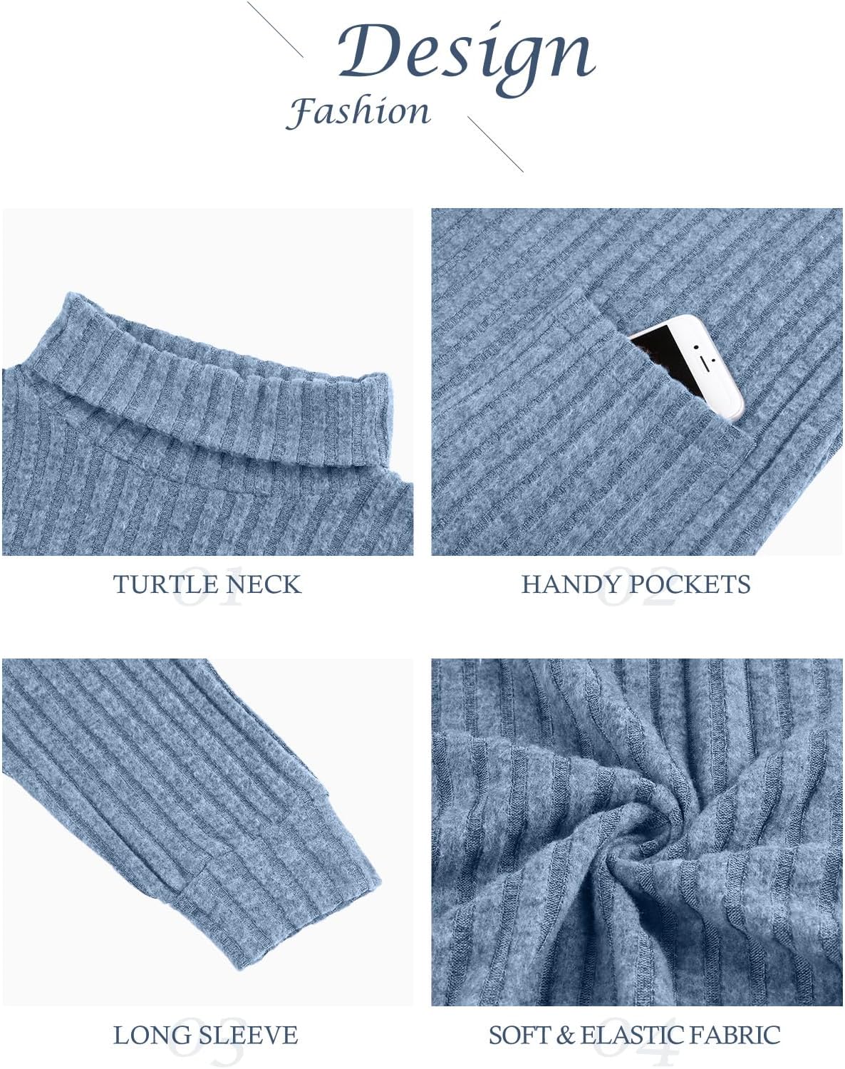 Flikity Womens Jumpers Turtleneck Sweater Ladies Long Sleeve Tops Knitted Jumpers with Large Pockets Women's Longline Tops Spring Fall Winter Tunic Clothes S-2XL - Image 6