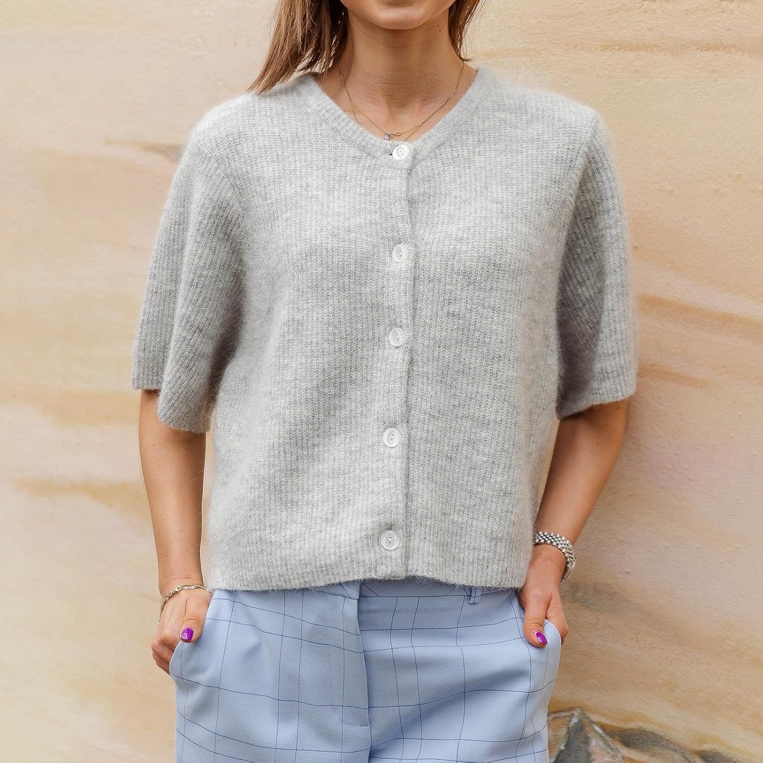Women's Y2K Summer Button Down Sweater Cardigans Shirts Short Sleeve Knitted Blouse Top Going Out Cropped Knit Tops - Image 3