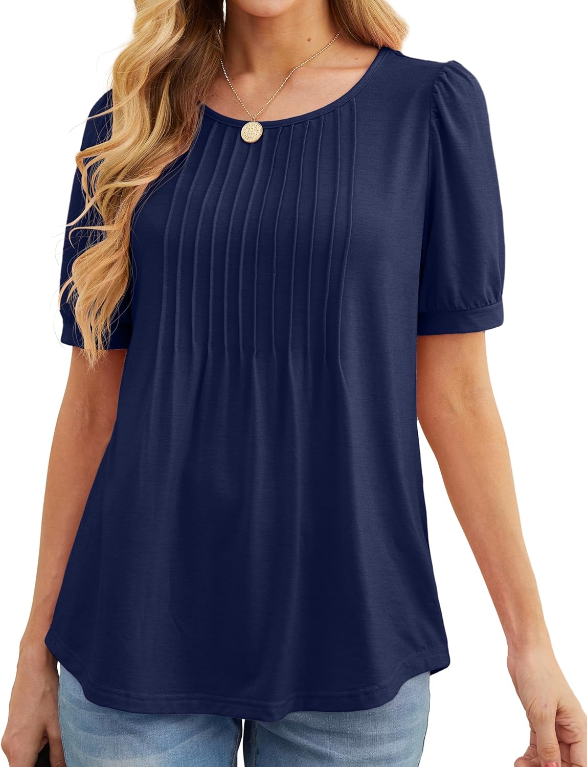 GRECERELLE Womens Summer Tops Casual Dressy Soft Short Sleeve Tunic Front Pleated Spring Crew Neck Tees T-Shirts Loose Blouse for Ladies - Image 2