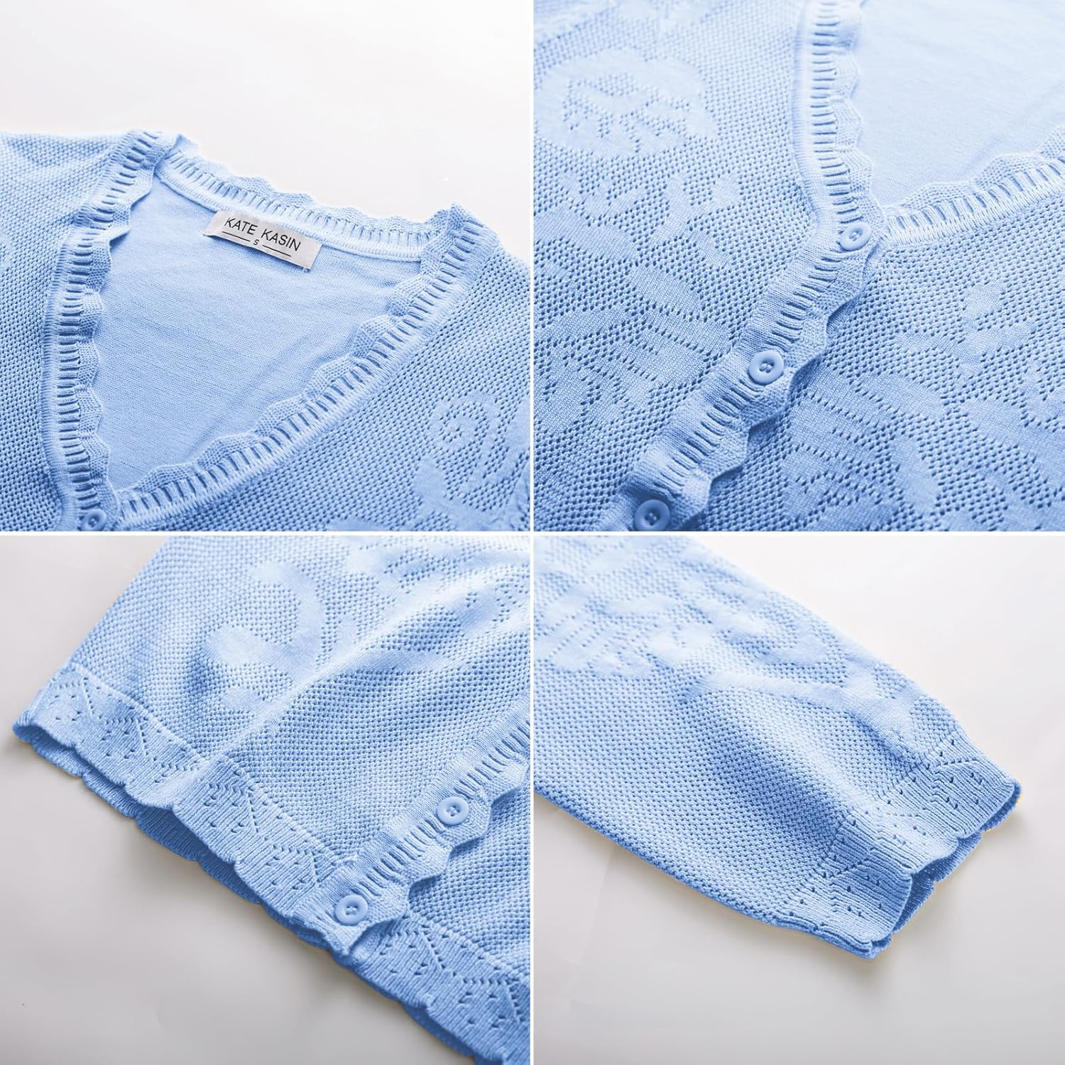 Kate Kasin Women's Cropped Cardigan Sweaters Bolero Trendy Lightweight 3/4 Sleeve Button Down Crochet Textured Shrugs Top - Image 5